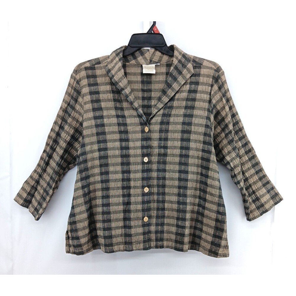 Mill Valley Shirt Women Plus Size 1X Brown Plaid 3/4 Sleeve Textured Button Up